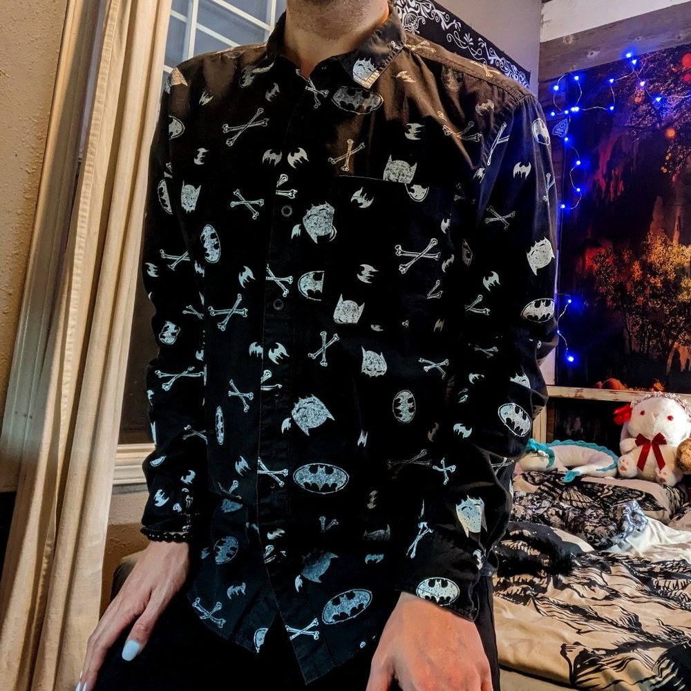 Black casual button-down shirt with white batman print